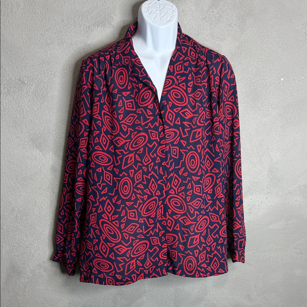 Vintage Worthington Women’s Blouse Red and Black Geometric Print Blouse PTP 24”